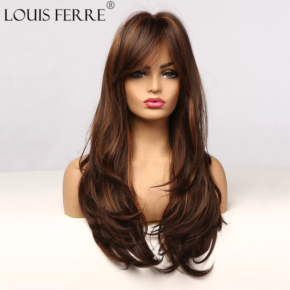 LOUIS FERRE Highlight Colored Wig for Women Long Wave Brown Blonde Ombre Bob Hair Wig with Bangs Daily Heat Resistant Fibre