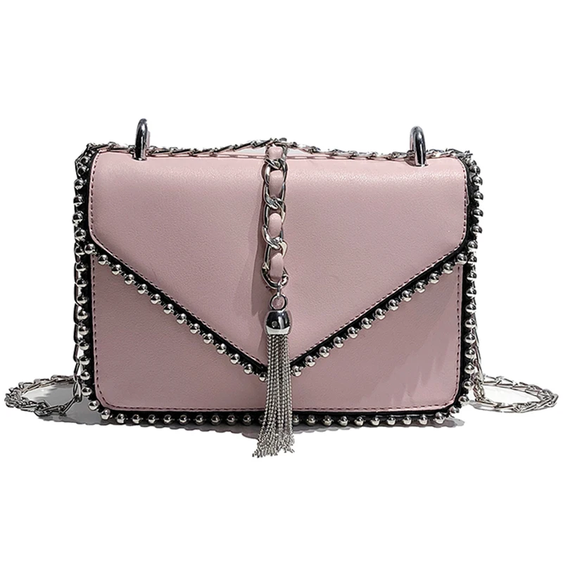 Британская мода, простая маленькая квадратная сумка, женская дизайнерская сумка,, высококачественная искусственная кожа, заклепки, кисточка, цепь, сумки на плечо