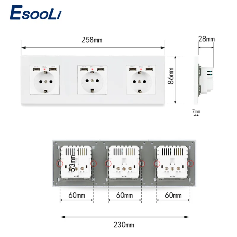 Настенная розетка стандарта ЕС Esooli с 6 USB зарядным портом для мобильного скрытый