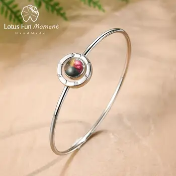 

Lotus Fun Natural Tourmaline Gemstones Simple Multicolor Round Bangle Real 925 Sterling Silver Fine Jewelry Female Bangles Gift