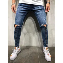 Pantalones vaqueros rasgados para hombre, Jeans ajustados elásticos de gran tamaño, Hip Hop, negros y azules, informales, con cremallera para trotar