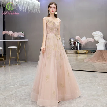 

SSYFashion New Romantic Nude Pink Evening Dress Sequins Lace Appliques Floor-length Prom Formal Gowns Custom Vestidos De Noche