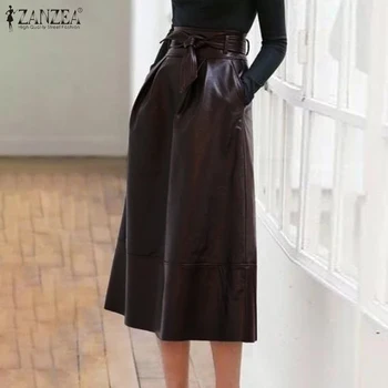 

Stylish ZANZEA Women PU Leather Skirts Elegant High Waist Solid Midi Skirt Summer Zipper Bow Tie Skirts Femme OL Work Jupe