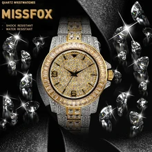 MISSFOX Luxury Mens Watch Gold Diamond Hip Hop Gents Watches Top Brand Classic Streetwear Rapper's Role Qaurtz Watch Men