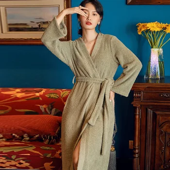 

Autumn Winter Fashion Loose Nightgown Cardigan Lace-up Plus Velvet Warm Comfort Women's Nightwear Solid Home Night Robe Female