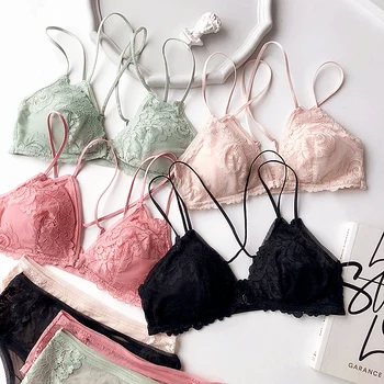

Wriufred Lace Bra Set Hollow Out Sexy Beauty Back Underwear Large Size Lingerie Set Wire Free Front Buckle Bra&Brief Sets