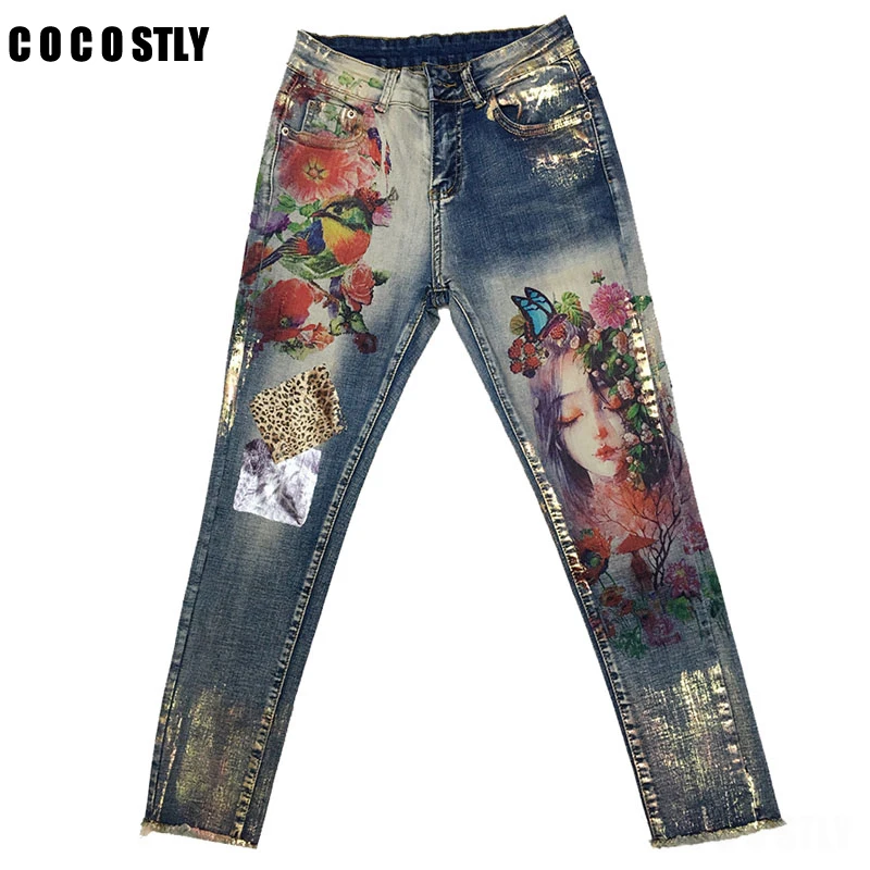 3D Stretchy Jeans With 3D Flowers Pattern Painted Pencil Pants Woman Elegant Style Denim Pants Trousers For Women Jeans 3D Stretchy Jeans With 3D Flowers Pattern Painted Pencil Pants Woman Elegant Style Denim Pants Trousers For Women Jeans