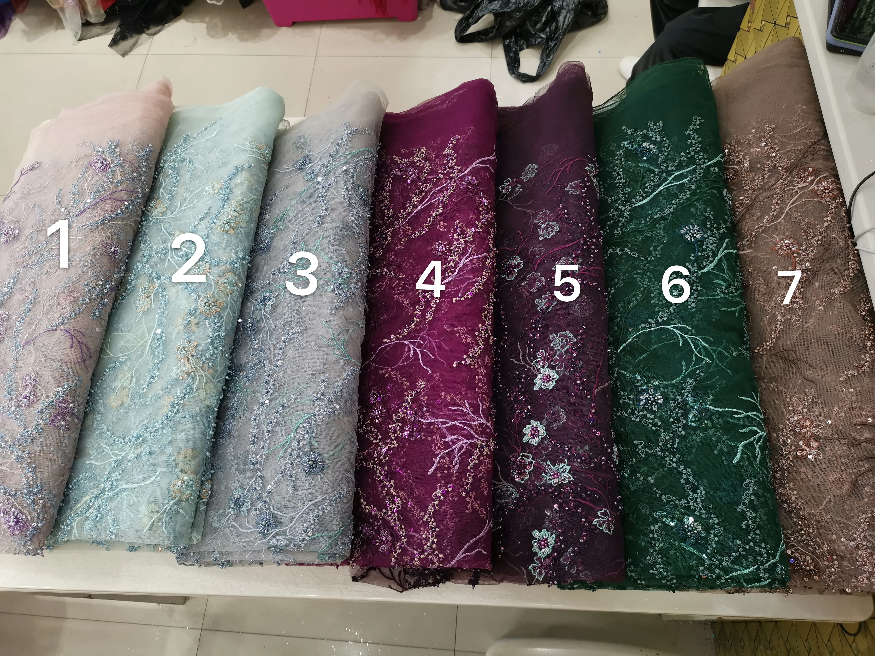 

New green mixed colours handmade beading african lace fabric 49" width eveining wear lace fabric 5 yards 2019 high quality