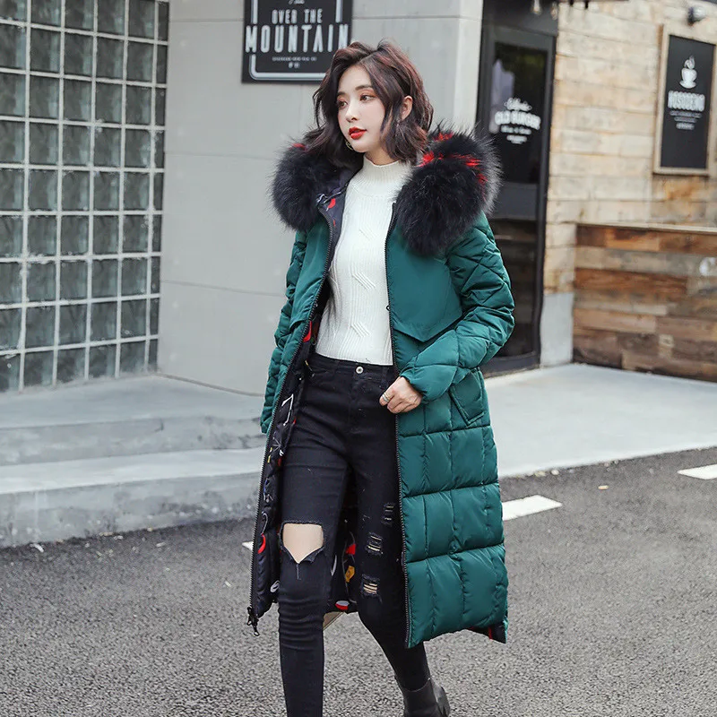 Модный принт, зимняя женская куртка, двусторонняя, для ношения, пуховик, хлопковое пальто, женское, толстое, с капюшоном, с разноцветным меховым воротником, парки H053