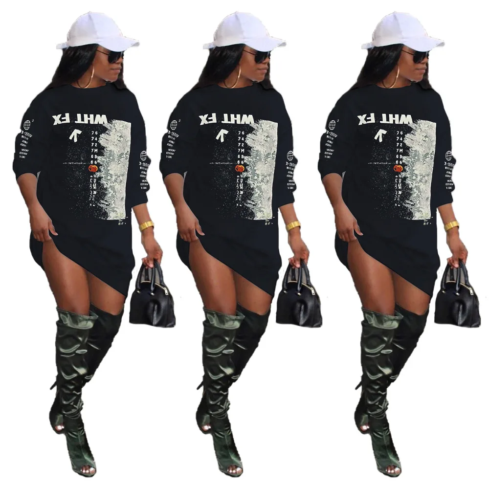 Women Casual Print Loose Mini Dress Long Sleeves O-neck Plus Size Women Clothing