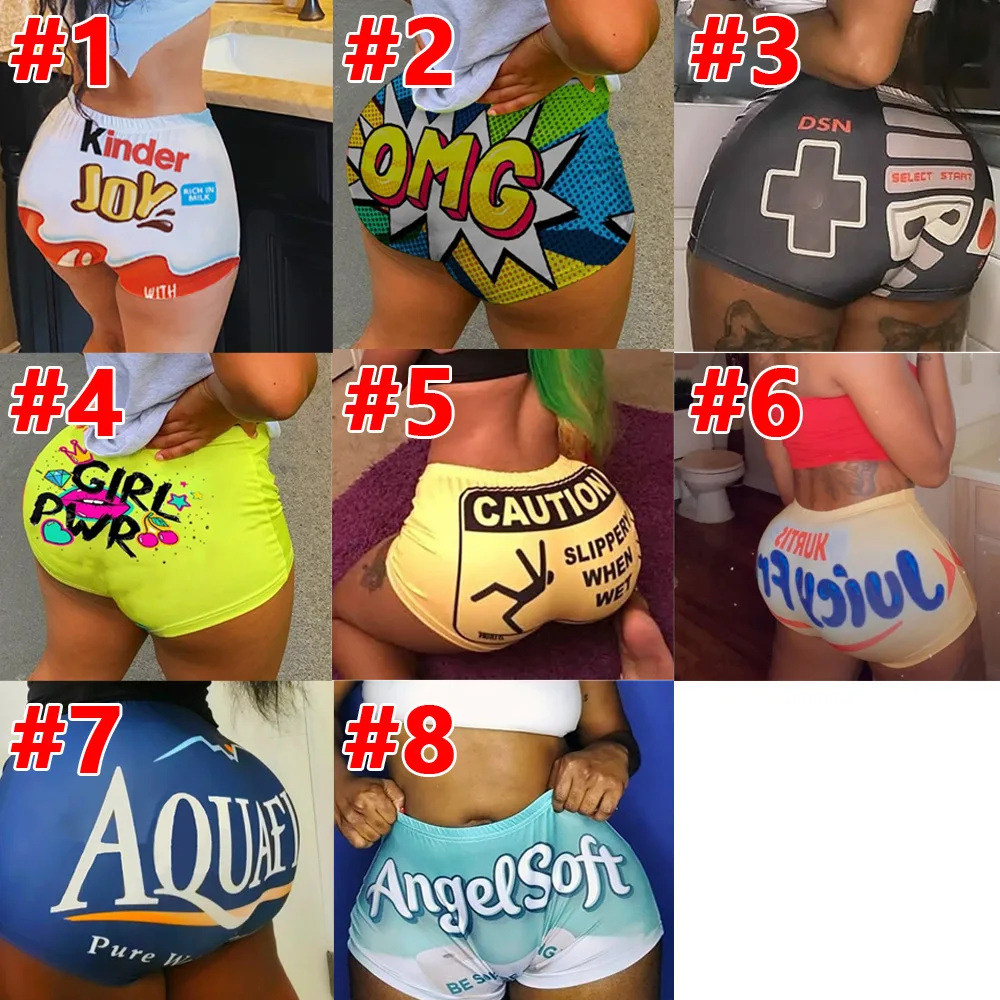 

New Arrival Letter Printing Bike Knickers Butt Lift High Waist Stretch Ladies Plus Size Candy Snack Shorts for Women