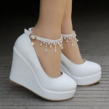 

11CM SUPER high heels wedges white pumps shoes woman platforms ankle crystal buckle straps ladies party dinner dress pumps