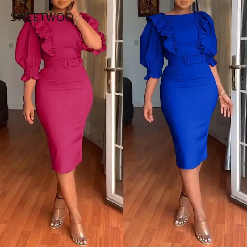 

Ladies Tight Dress O-Neck Office Ladies Ruffled Workwear Half Lantern Sleeve High Waist Elegant and Elegant Hip Wrap