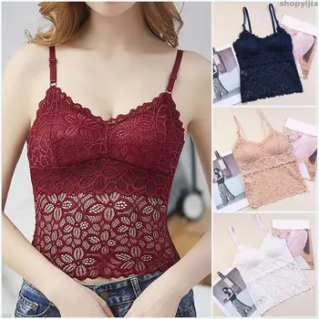 

V-neck Beauty Back Adjustable Shoulder Strap Female Detachable Chest Pad Vest Lace Patchwork Solid Tank Tops Sexy Fashion
