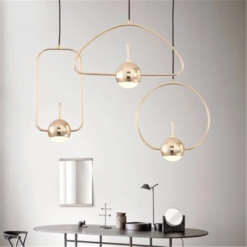 

Ins Hot Nordic Golden Pendant Lights Creative Minimalist Geometry Restaurant Bar Aisle Corridor Designer Led Light Fixtures