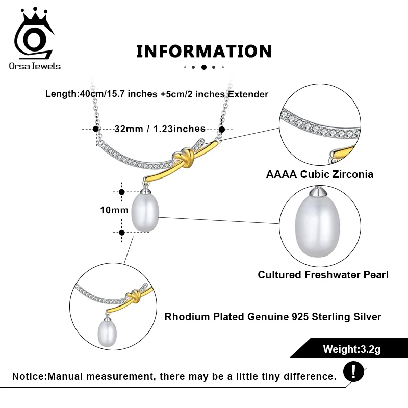 ORSA JEWELS 8*10mm White Natural Freshwater Pearl Pendants Necklaces 925 Silver Gold Plated Knot Zirconia Clavicle Chain GPN01 - Image 6