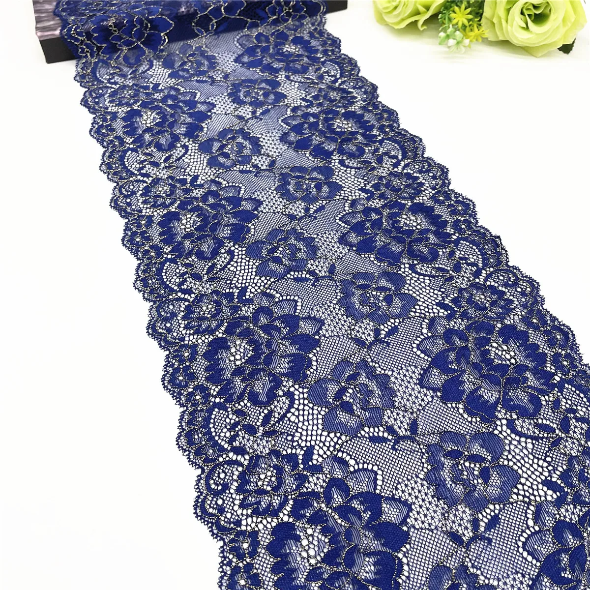 3M/lot Width 8 1/4in 21cm Blue With Gold Elastic Stretch Lace 1