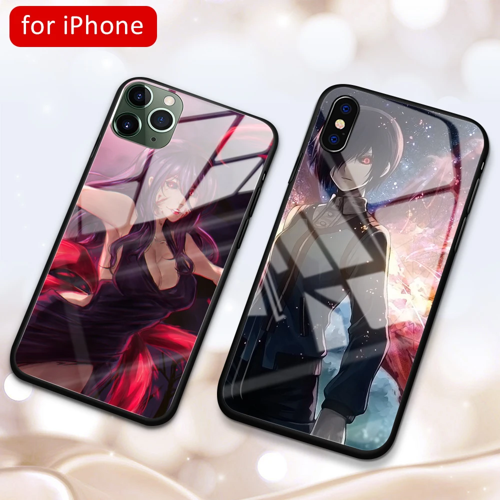 MimoseCase For Anime Tokyo Ghoul Tempered Glass Case for Iphone 6 6s 7 8 Plus X Xr Xs Max 11Pro Max DIY Phone Cover