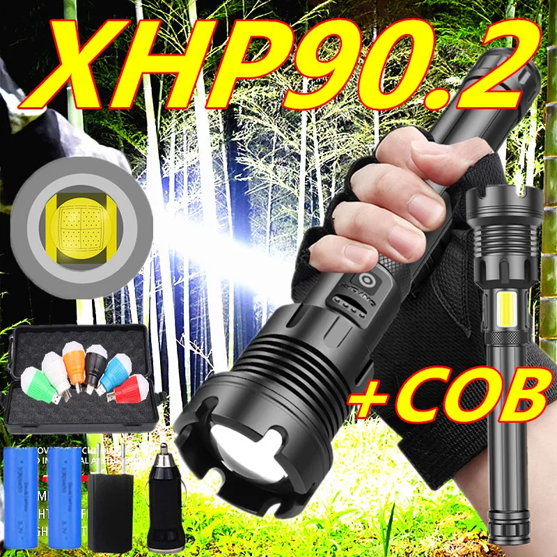 

90000LM Dropshipping XHP90.2LED+COB Flashlight Zoom USB Rechargeable Power Display Powerful XHP70.2 Torch 26650 Handheld Light