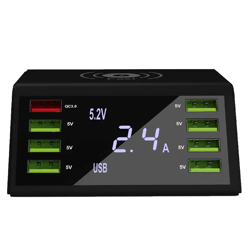 Mobile Phone Smart Charger With 8-Port USB QC3.0+10W Wireless Fast Charging Digital Display Smart Charger Built-in IC Chip