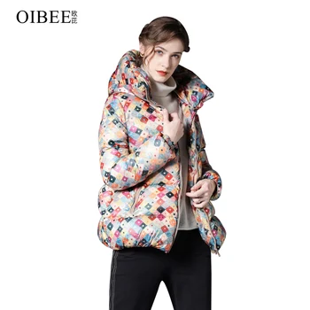 

OIBEE Europe pyrene printed down jacket women 2020 autumn and winter women's new casual hooded thick warm jacket