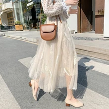 Deivor/Женская сетчатая юбка с вышивкой из перьев, новинка, темперамент, Милая юбка феи, высокая талия, средняя длина, а-образная затяжка, юбка