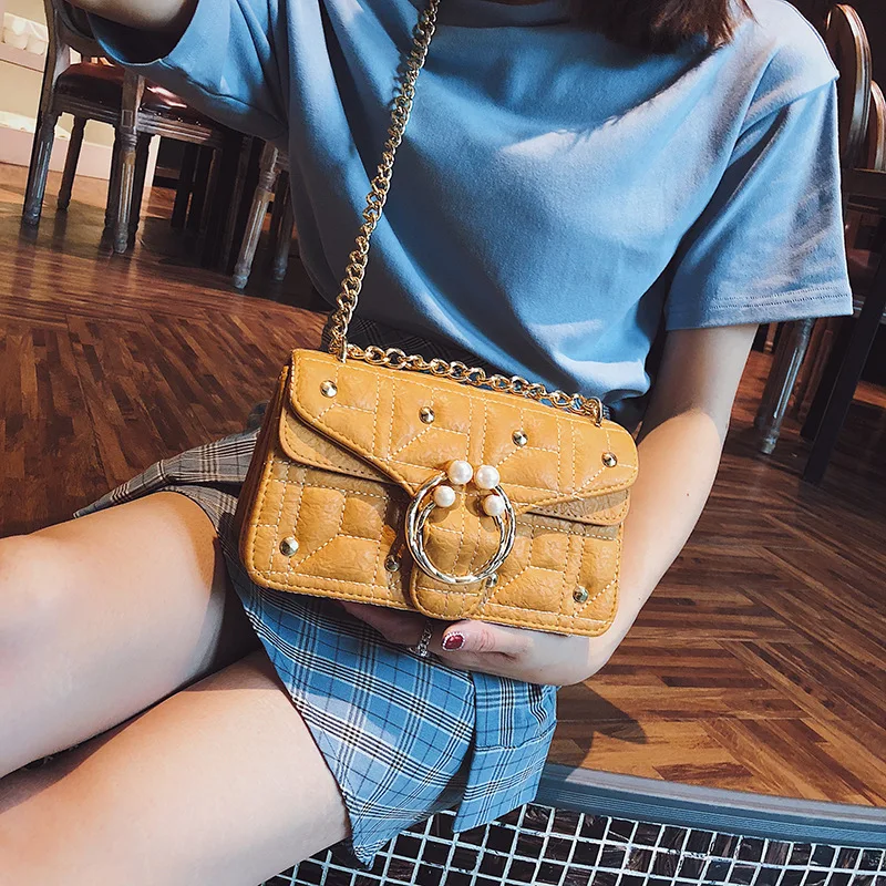 

Pearl Nose Ring Magnetic Snap Stereo Stereotypes Square Sling Bag Soft Surface Shoulder Oblique Debutante Wind WOMEN'S Bag