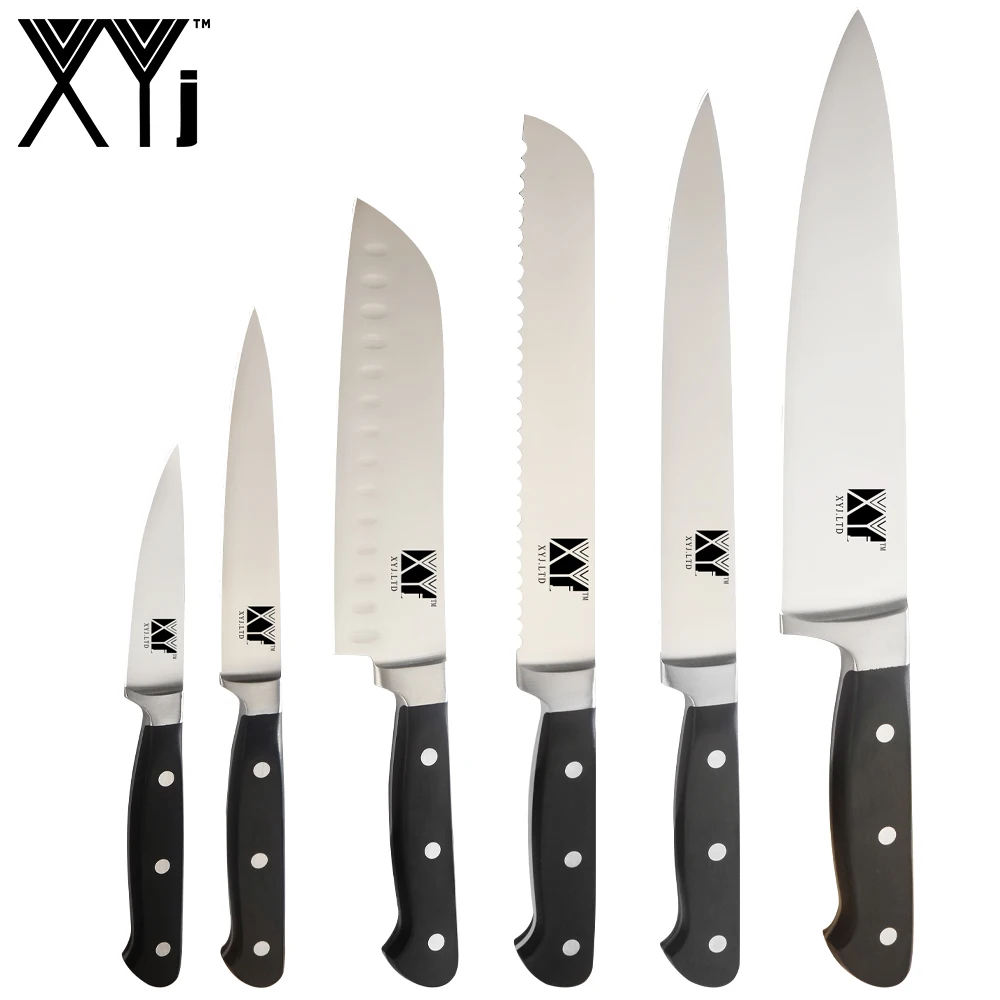 E.6pcs set XYj набор кухонных ножей точилка 8 ''подставка для ножей 7cr17 острое лезвие шеф-повара для нарезки хлеба Santoku утилита для очистки овощей аксессуары для ножей - Цвет: E.6pcs set