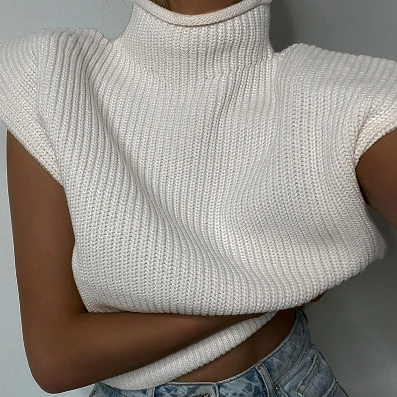 

Fashion Turtleneck Sleeveless Vest Sweater Women 2023 Casual With Shoulder Pads Knitted Pullover Autumn Winter Jumper Tops Femme
