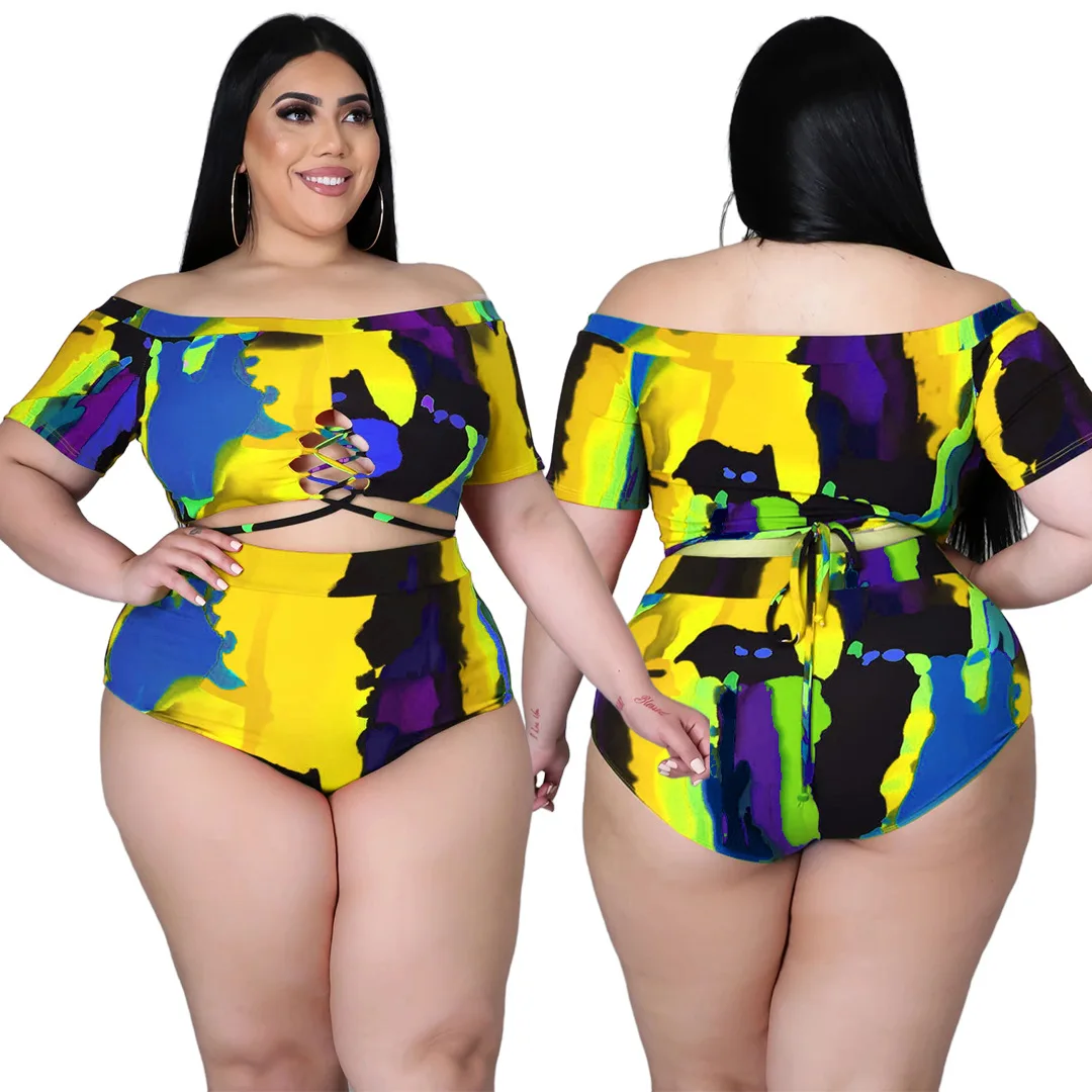 XL-5XL Plus Size two piece set Swimsuit summer 2021 Sexy printing Bandage top and shorts outfits women Wholesale Dropshipping