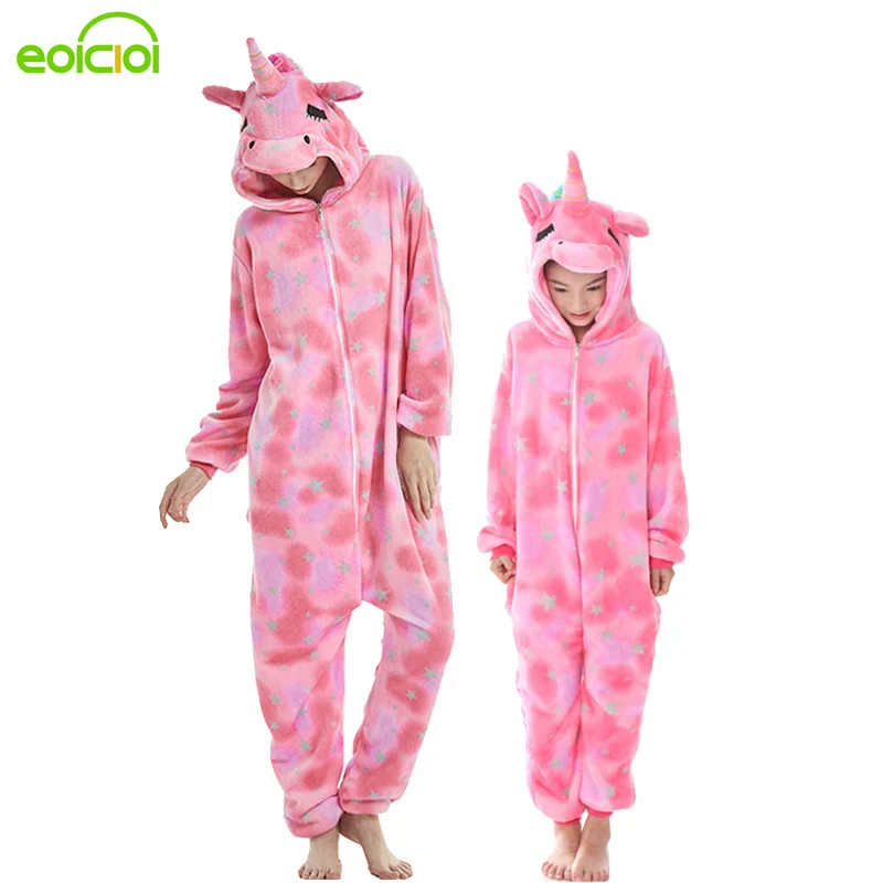 мать и дочь милый единорог пикачу стежка пижамы зимой фланелевой с капюшоном