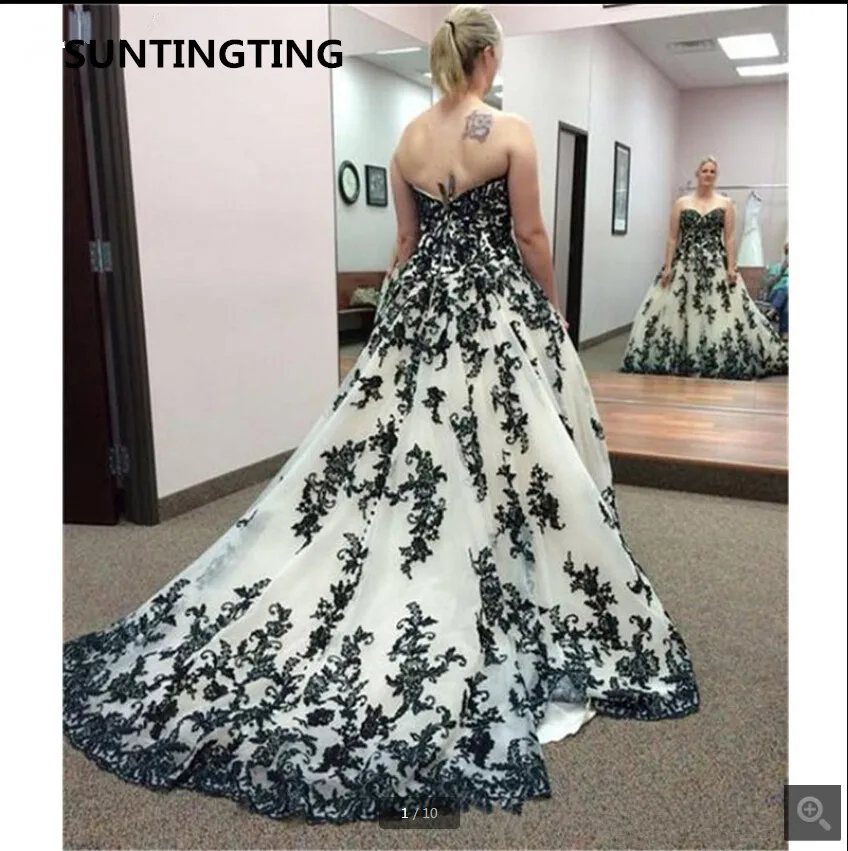 

Gothic White And black Lace Appliques vintage Wedding Dresses Sweetheart neck strapless ball gown Wedding Gowns Bride Dresses