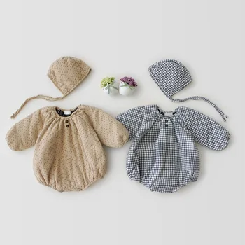 

2020 Baby Plaid Floral Print Winter Wool Cotton Romper with Hat Blue Khaki Color Toddler Ins Fashion Unisex Infant Clothes