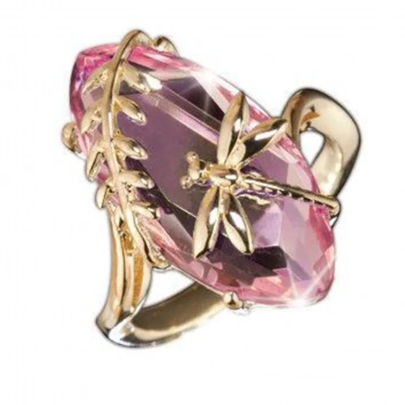 Прозрачный зеленый циркон, стрекоза, кольца для женщин, обручальное кольцо, женский розовый кристалл, бохо, большие кольца для женщин, обручальное кольцо для женщин - Цвет основного камня: pink