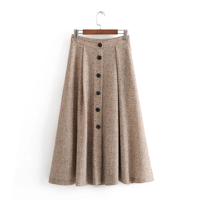 Tangada women winter elegant skirts vintage faldas high waist pocket buttons office ladies long skirts 3h121 - Цвет: Хаки