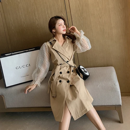 

Fake Two Pieces Women Long Coat Autumn 2019 Korean Lace Mesh Dot Double Breasted Turndown Collar Coat Trenchcoat Womens