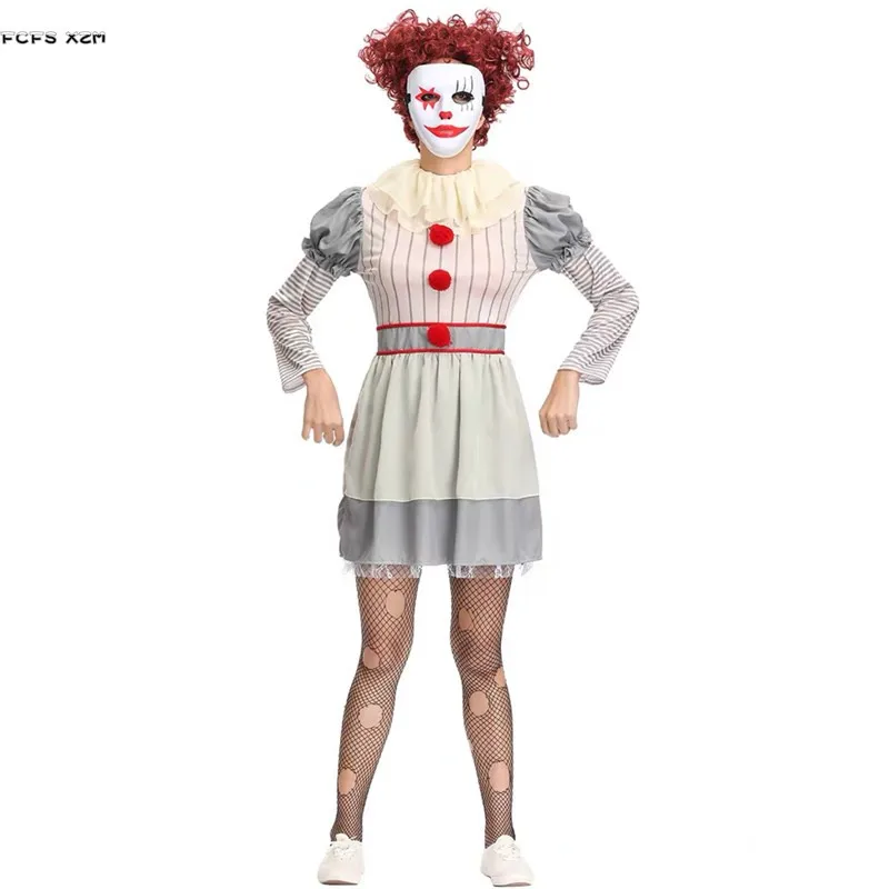 

Women Stephen King's It Pennywise Cosplay Female Halloween Clown Joker Costumes Carnival Purim masked ball Role play party Dress