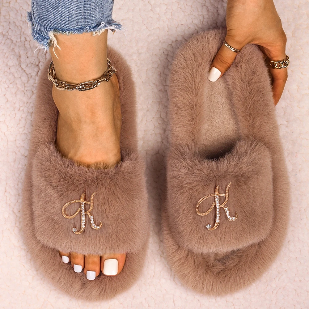Luxury Fluffy Slippers Rhinestone Letter Decor Furry Slides Flat Sandals Faux Fur Flip Flops House Slippers For Women Cute Shoes