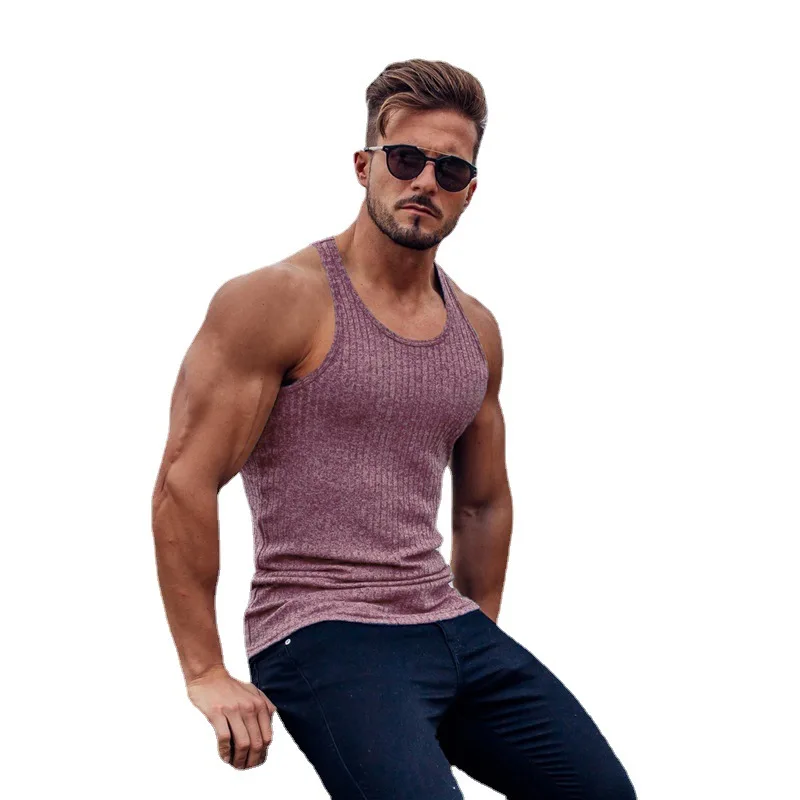 Fitness Sleeveless T Hemd Strick Slim Fit Weste Sport Streifen Gym Stringer Tank Top Männer Solide Mode Singuletts Sommer Kleidung – Detail 20