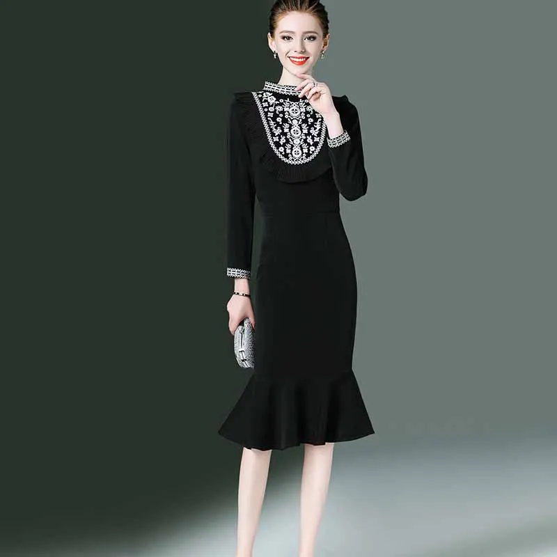 

Flounced Skirt 2019 New Style Autumn Clothing Fashion Embroidery Elegant Slimming Long-sleeved Dress Women's Ozhouzhan