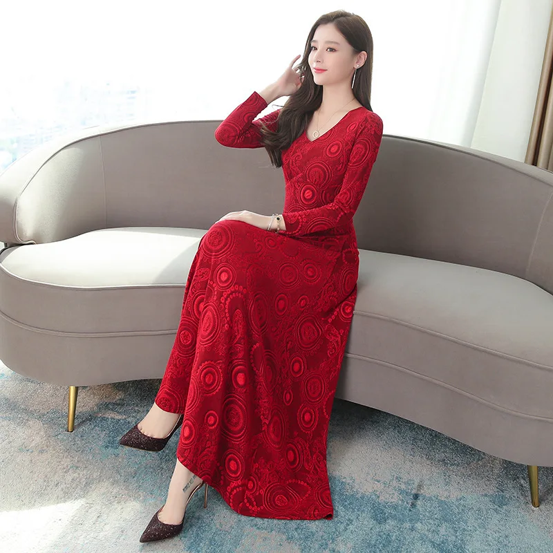 

2019 Autumn New Style Elegant Elegant WOMEN'S Dress Slim Fit Slimming Big Hemline over-the-Knee Long Skirts Knitted Jacquard V-n
