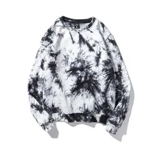 

Hip Hop Tie-dye Crewneck Pullover Sweatshirt Streetwear Men Women Loose Plus Fleece Sweatshirt Leaf Embroidery Tops 100% Cotton