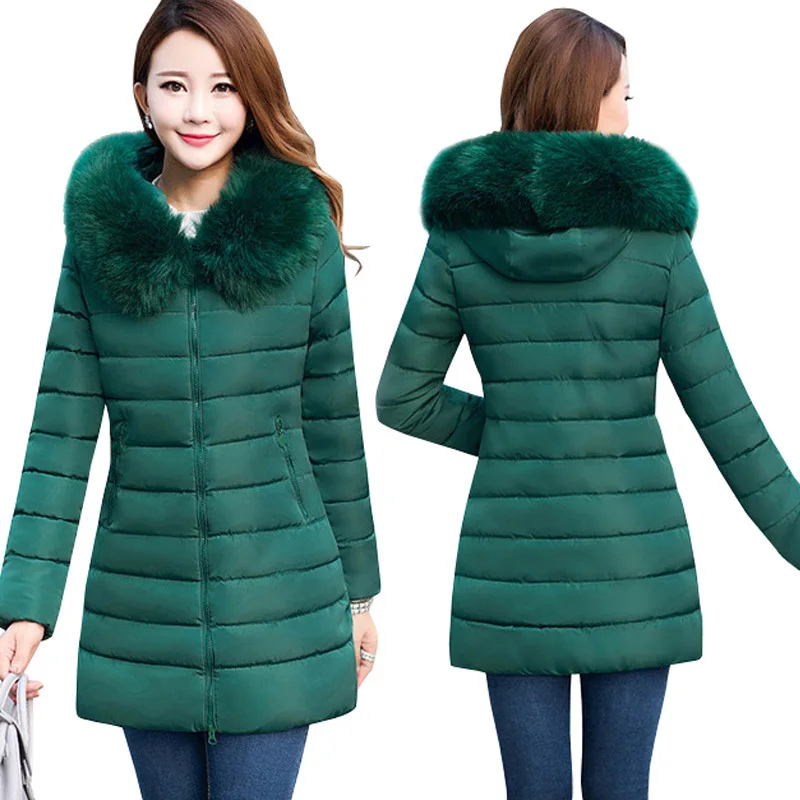 Dark Green Куртки-парки размера плюс XL-7XL, женские зимние пальто средней длины с меховым воротником, плотные однотонные пуховики с капюшоном и хлопковой подкладкой, теплые пальто - Цвет: Dark Green