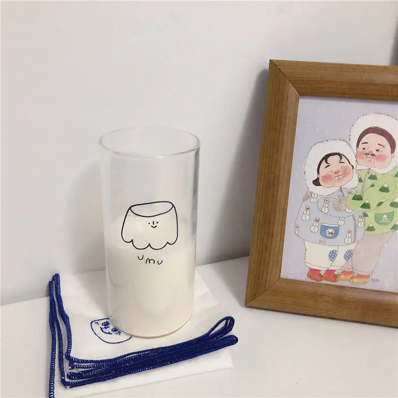 Ins Korean Style Cartoon Glass Cup With Straw Transparent Coffee Milk Tea Mug Water | Дом и сад