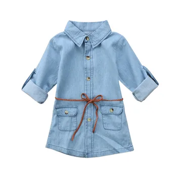 

Baby Girl Fashion Blue Denim Shirt Dress with Sashes 2-7Y Kids Children Autumn Casual Half Sleeve Straight Short Mini Dress