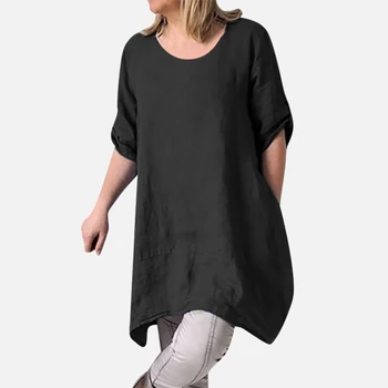 

Linen Plus Size 5XL 4XL Half Sleeve Large Women Tunic 2019 Summer Button O Neck Solid A Line Top Female Elegant Lady Beach Dress