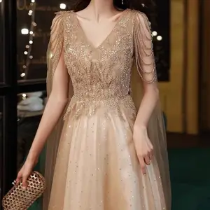 2022 Champagne Gold Evening Dresses With Cape A Line Sexy V-neck A-line Shiny Luxury Beading Shawl Formal Celebrity Prom Gowns