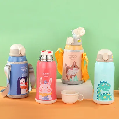 Childrens Mug Large Capacity Baby New Suction Cup Water Cup Stainless Steel Strap Kettle  Water Bottle  Insulated Cup