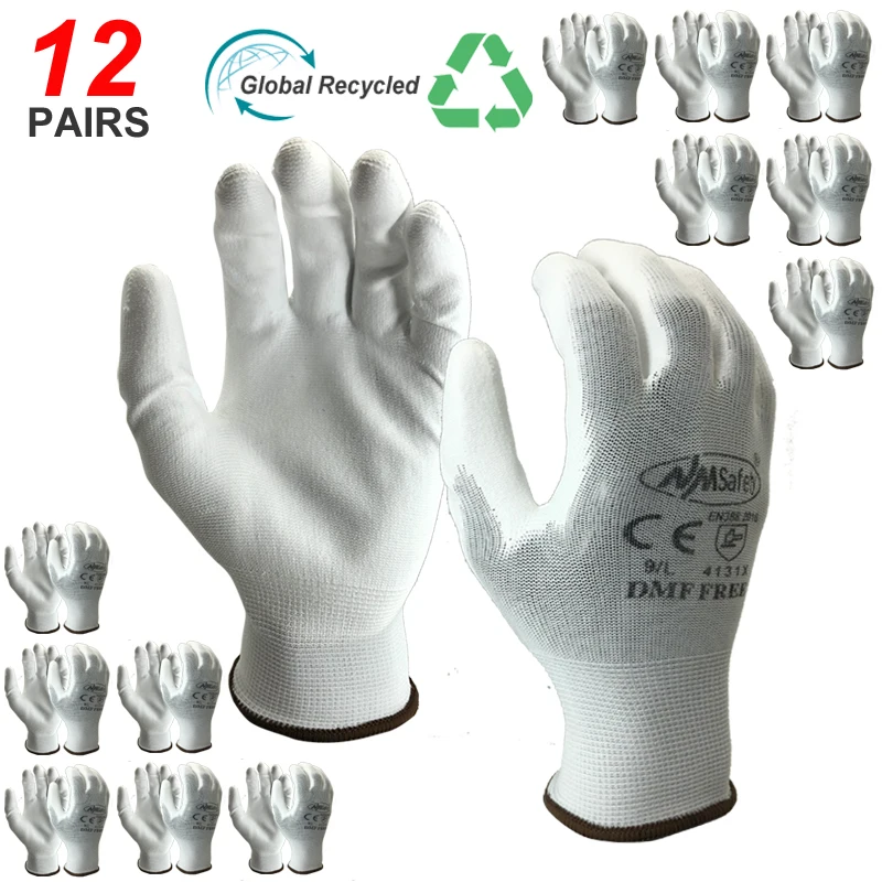 24 Pieces/12 Pairs PU Nylon Safety Coated Gloves Gardening Work Protection Construction Workers Protective Gloves Anti Static.