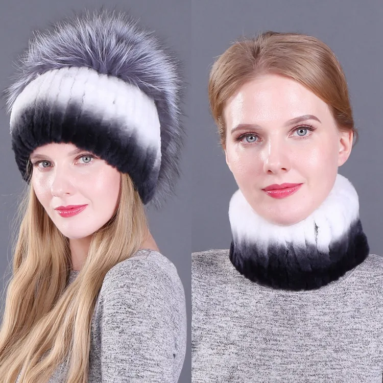 Real Rex Rabbit Fur Women Hat Scarf Sets Winter Thick Warm Vintage Fur Female Caps Scarves Casual Ladies Hats New Arrival - Цвет: color4